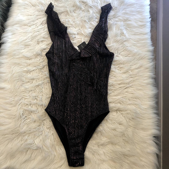 Topshop Tops - nwt topshop black glitter ruffle bodysuit size US 6